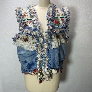 Homemade Upcycled Levis Denim Vest Floral Patchwork Boho Festival Embellished